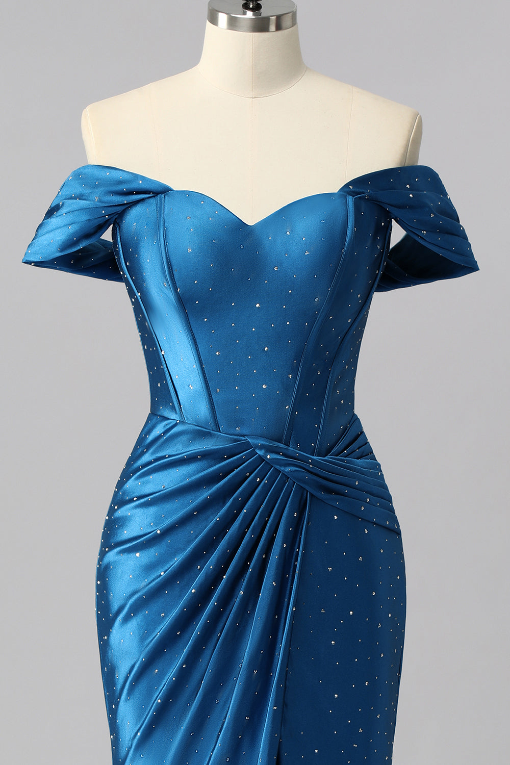 Sparkly Dark Blue Satin Off the Shoulder Mermaid Long Corset Prom Dress with Beading