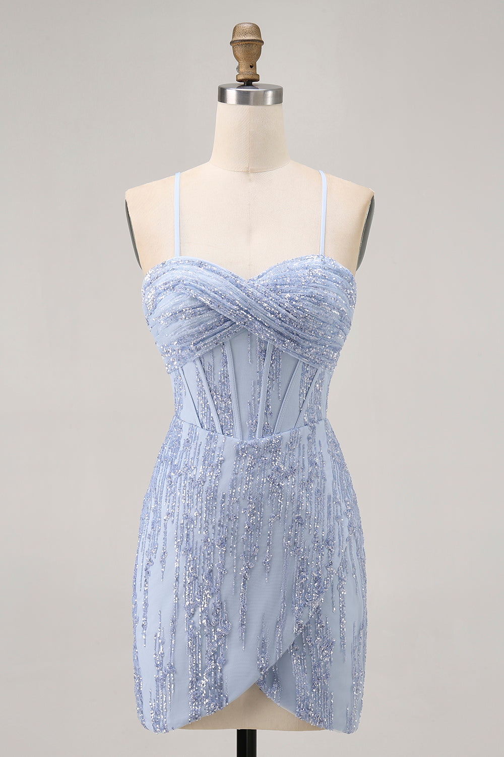 Sparkly Grey Blue Corset Criss Cross Back Tight Short Homecoming Dress with Sequins
