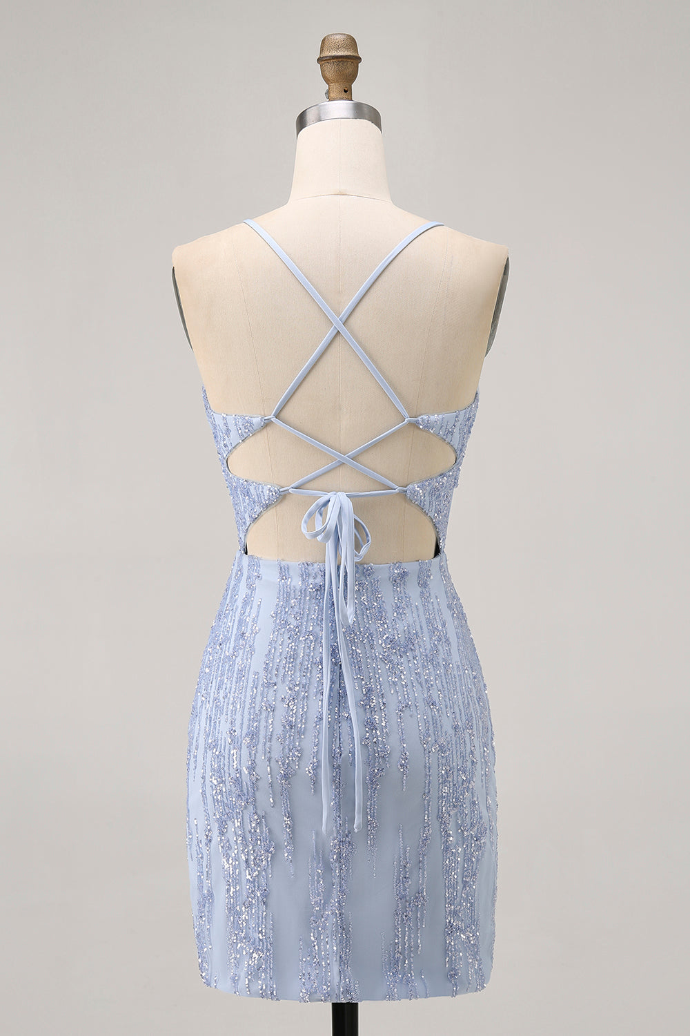 Sparkly Grey Blue Corset Criss Cross Back Tight Short Homecoming Dress with Sequins