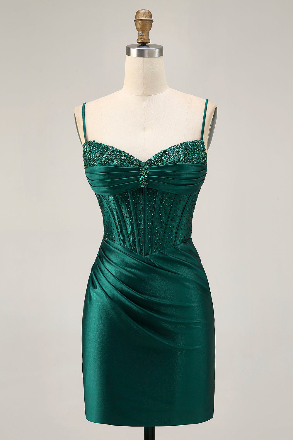 Dark Green Corset Tight Ruched Short Satin Homecoming Dress with Beading