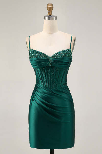 Leely Women Dark Green Corset Short Satin Homecoming Dress with Beading Tight Ruched Spaghetti Straps Lace Up Back Cocktail Dress