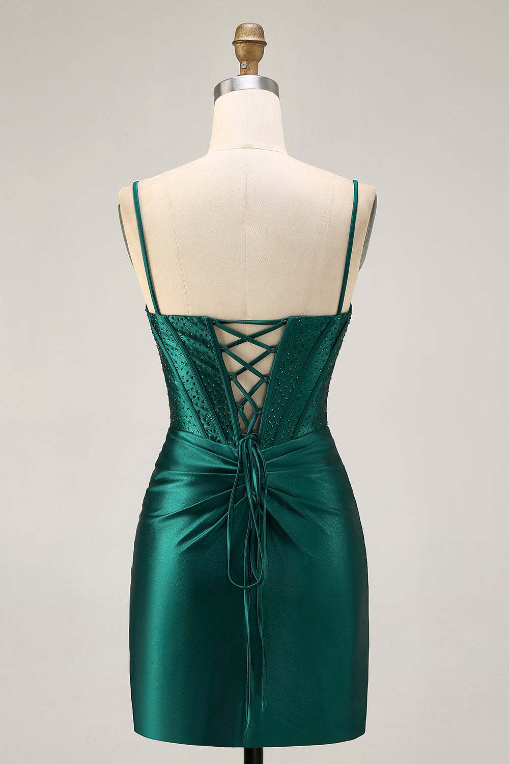 Dark Green Corset Tight Ruched Short Satin Homecoming Dress with Beading