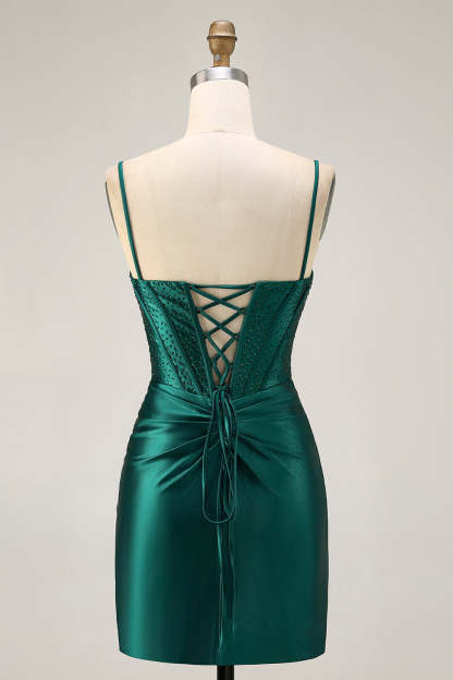 Dark Green Corset Tight Ruched Short Satin Homecoming Dress with Beading