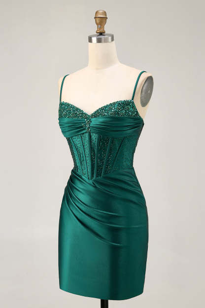 Dark Green Corset Tight Ruched Short Satin Homecoming Dress with Beading