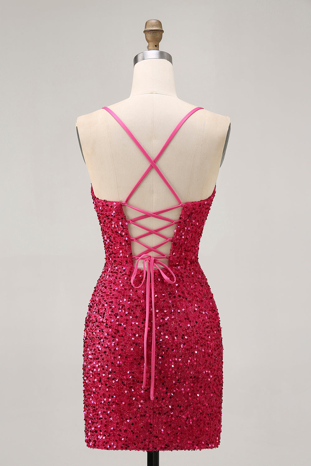 Sparkly Fuchsia Sequin Tight Lace up Back Short Homecoming Dress