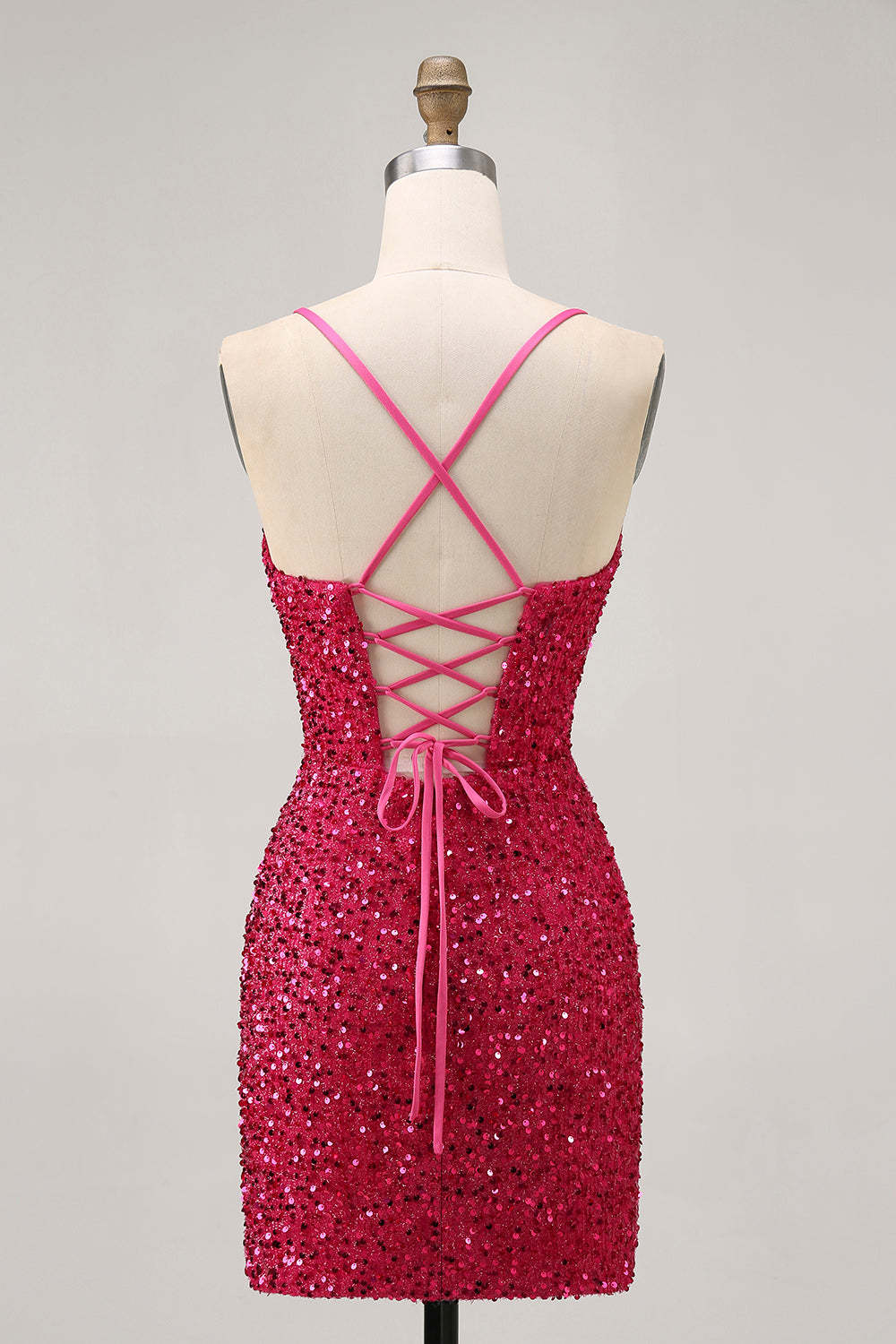 Sparkly Fuchsia Sequin Tight Lace up Back Short Homecoming Dress