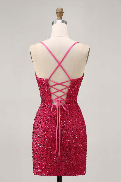 Sparkly Fuchsia Sequin Tight Lace up Back Short Homecoming Dress