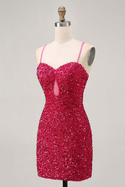 Sparkly Fuchsia Sequin Tight Lace up Back Short Homecoming Dress