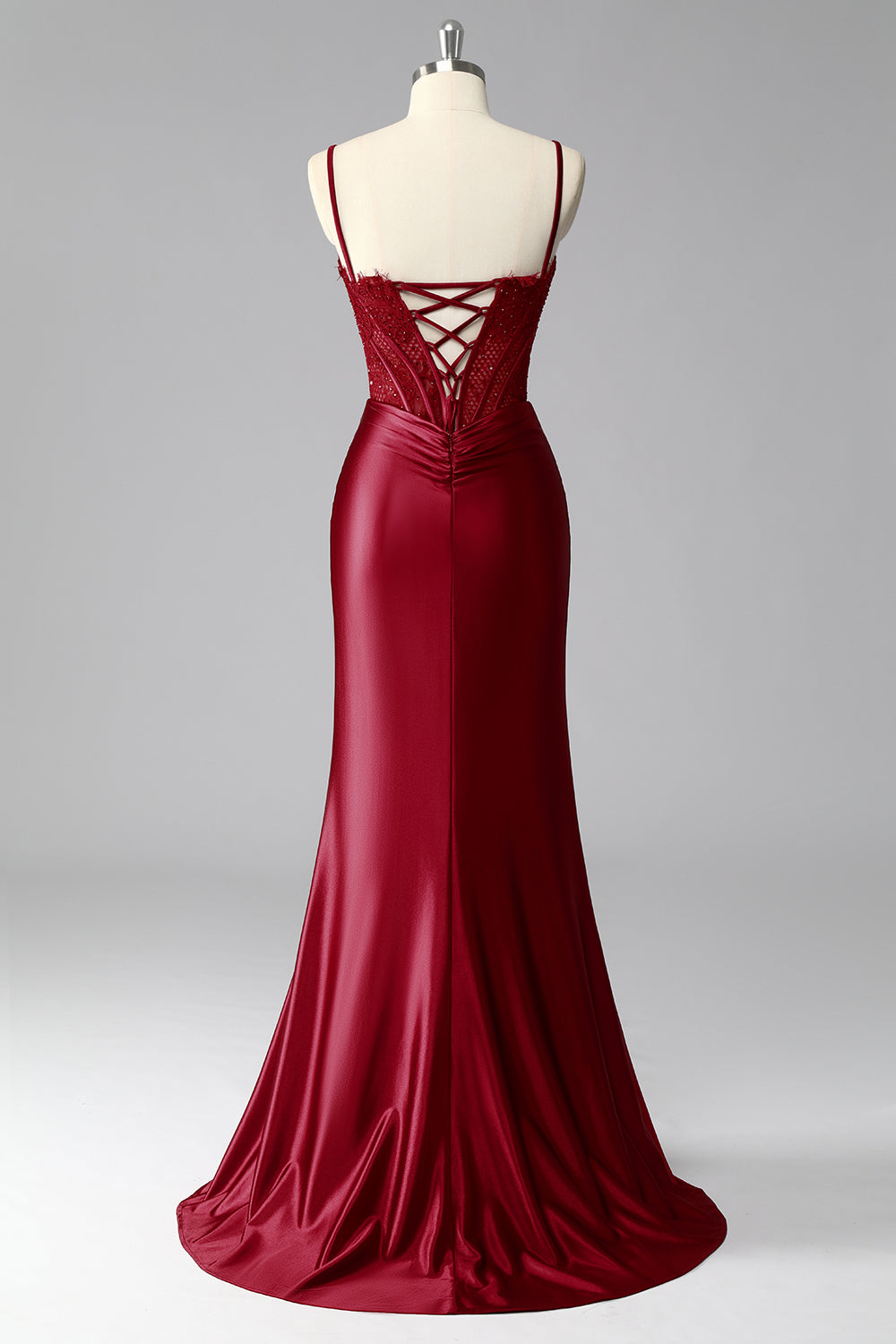 Burgundy Satin Spaghetti Straps Mermaid Long Corset Prom Dress with Lace