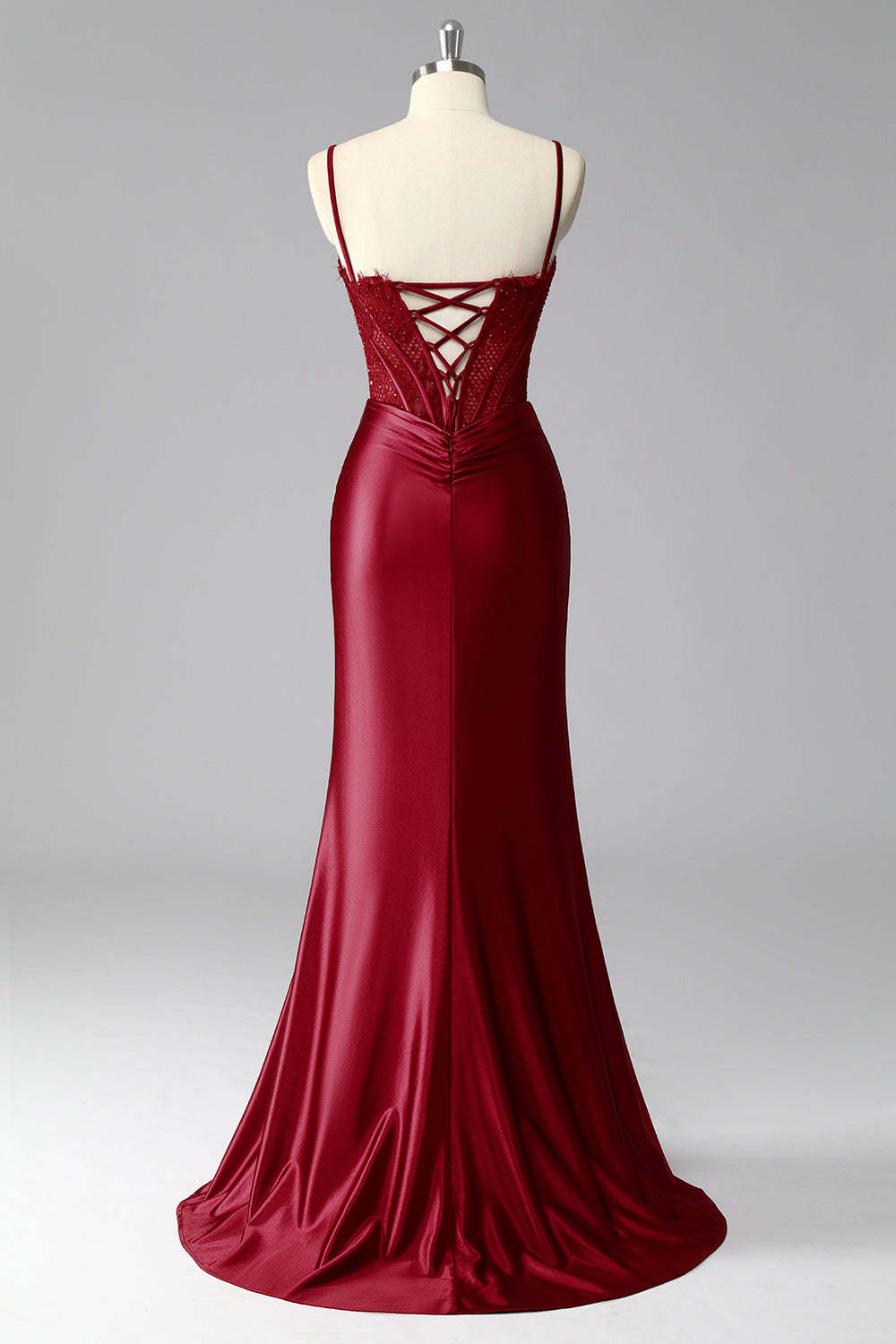 Burgundy Satin Spaghetti Straps Mermaid Long Corset Prom Dress with Lace