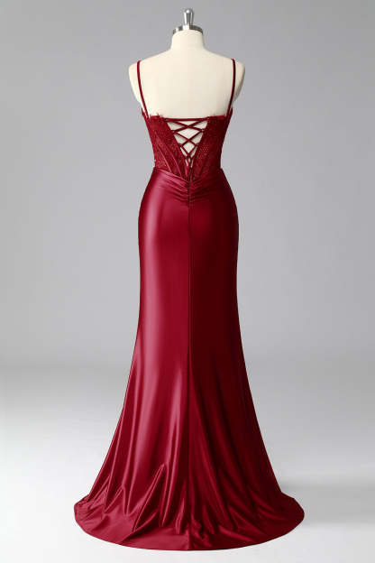 Burgundy Satin Spaghetti Straps Mermaid Long Corset Prom Dress with Lace