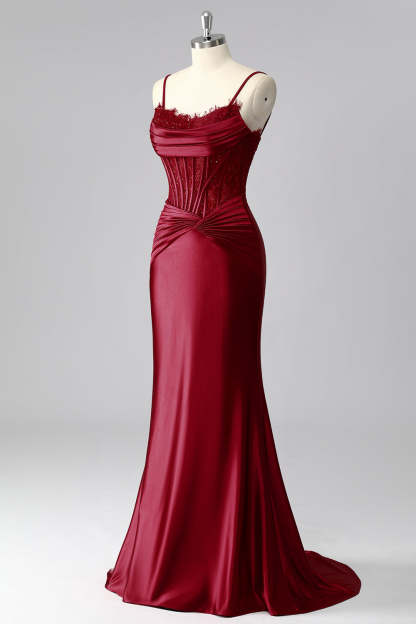 Burgundy Satin Spaghetti Straps Mermaid Long Corset Prom Dress with Lace