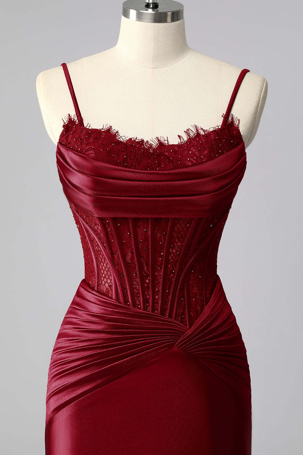 Burgundy Satin Spaghetti Straps Mermaid Long Corset Prom Dress with Lace