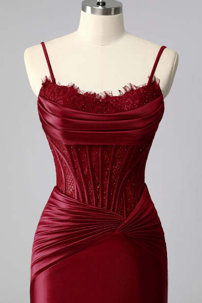Burgundy Satin Spaghetti Straps Mermaid Long Corset Prom Dress with Lace