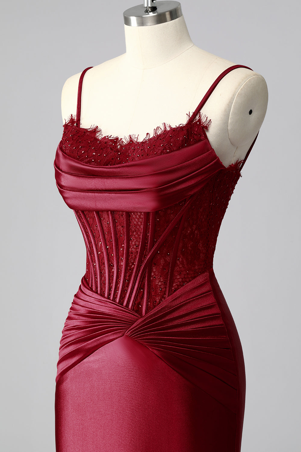 Burgundy Satin Spaghetti Straps Mermaid Long Corset Prom Dress with Lace