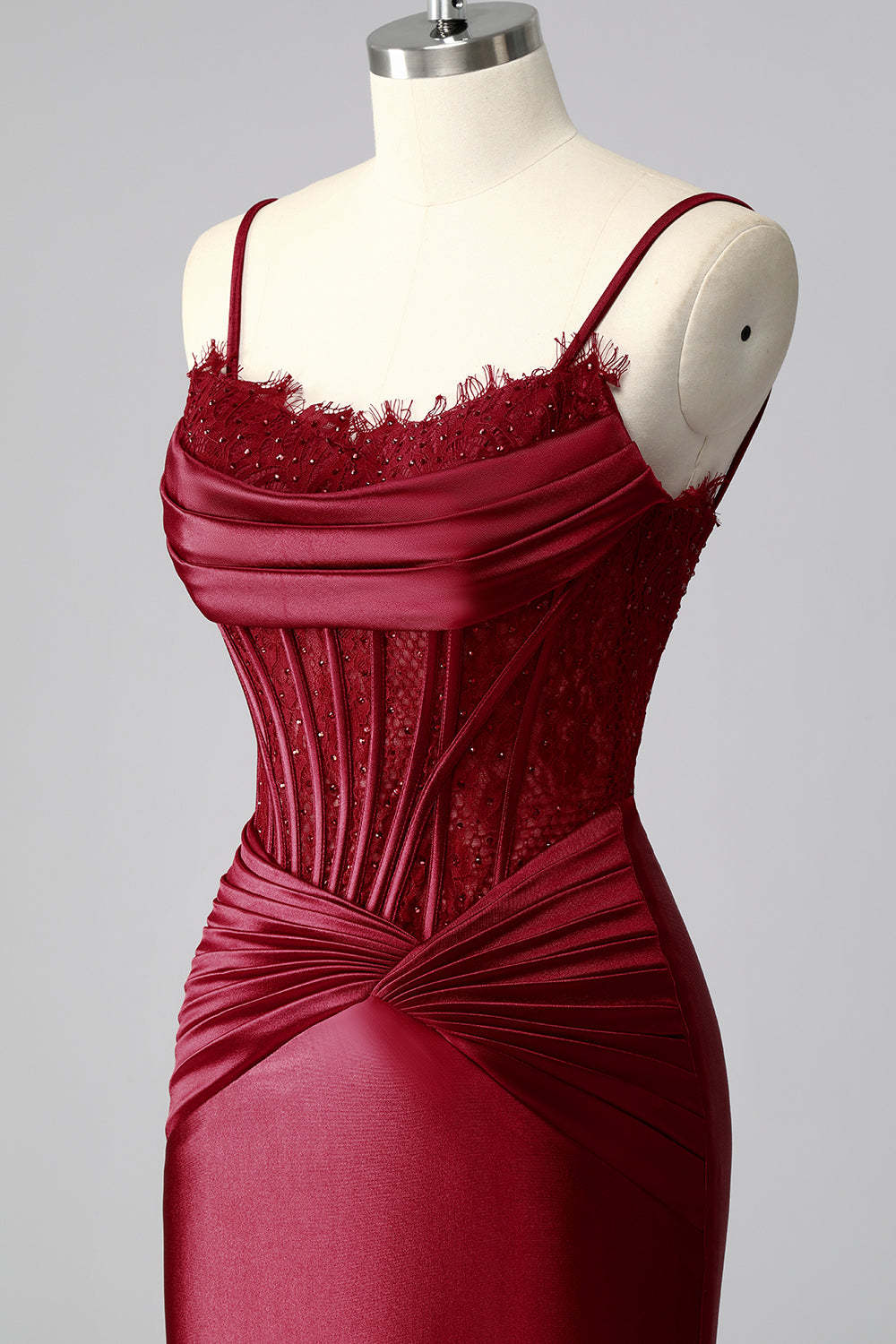 Burgundy Satin Spaghetti Straps Mermaid Long Corset Prom Dress with Lace