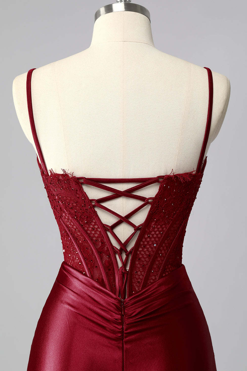 Burgundy Satin Spaghetti Straps Mermaid Long Corset Prom Dress with Lace