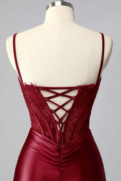Burgundy Satin Spaghetti Straps Mermaid Long Corset Prom Dress with Lace