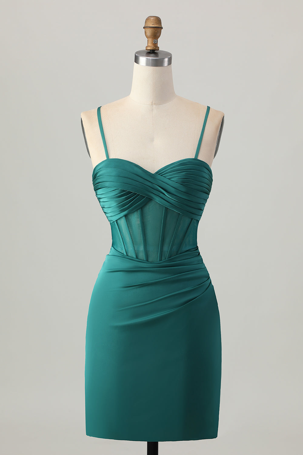 Dark Green Corset Tight Spaghetti Straps Satin Short Homecoming Dress with Pleats