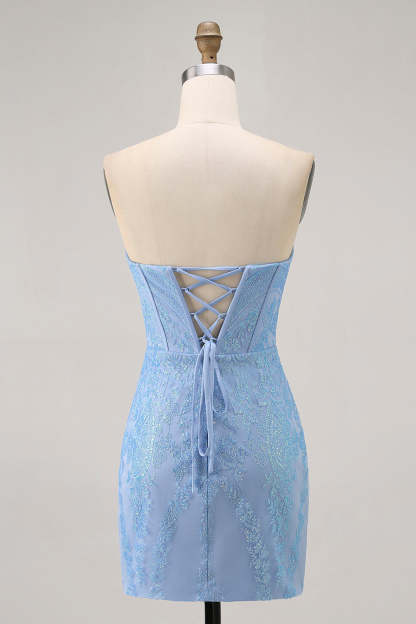 Sparkly Blue Corset Strapless Tight Short Homecoming Dress with Sequins