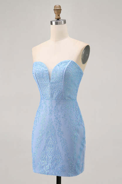 Sparkly Blue Corset Strapless Tight Short Homecoming Dress with Sequins