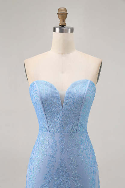 Sparkly Blue Corset Strapless Tight Short Homecoming Dress with Sequins
