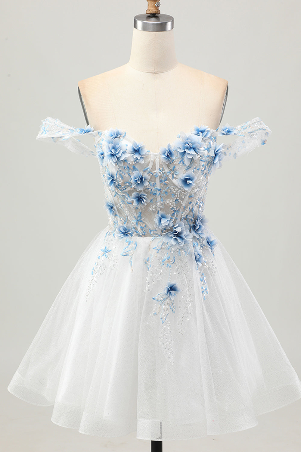 White Blue Beaded Corset A Line Off the Shoulder Short Homecoming Dress with Flowers