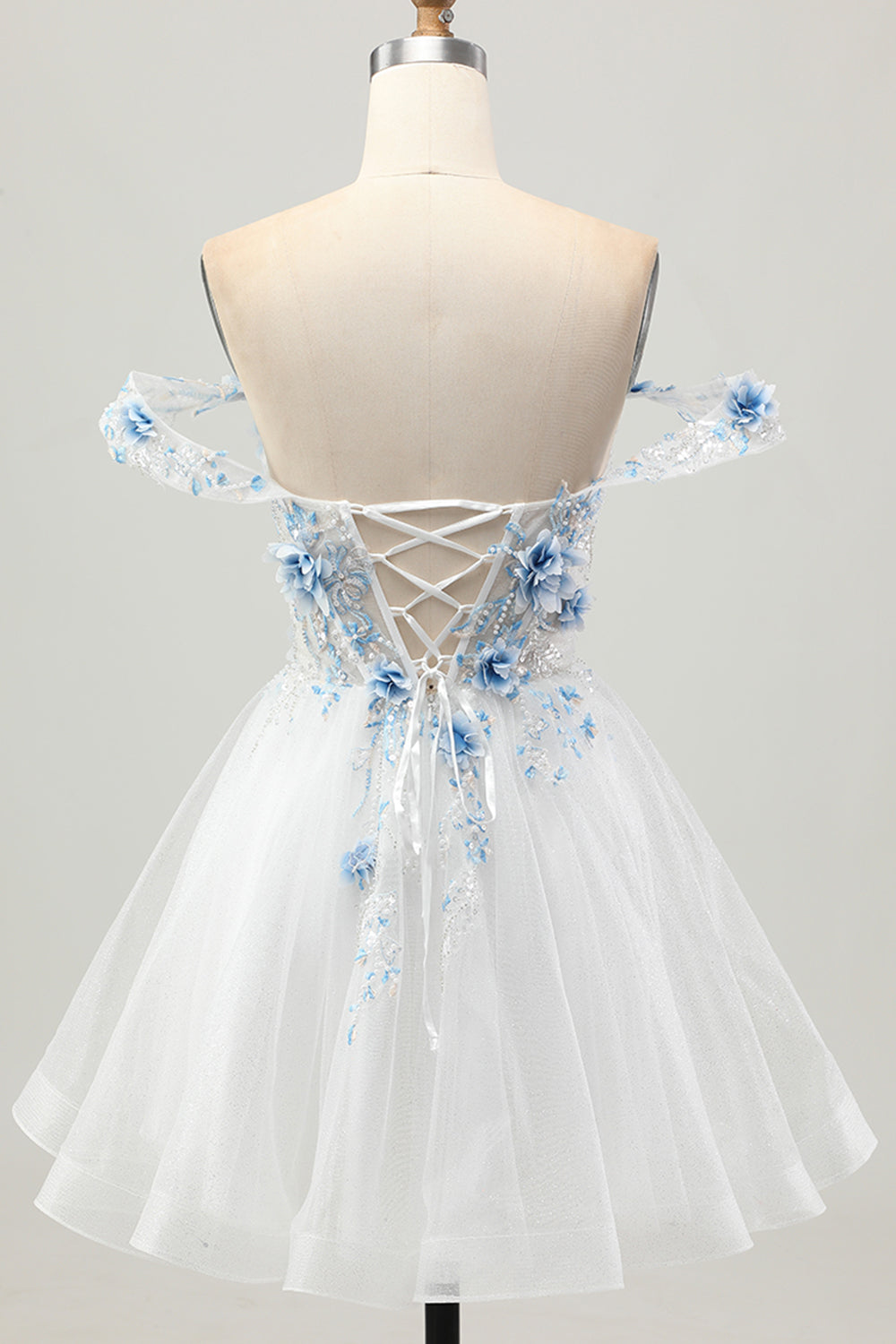 White Blue Beaded Corset A Line Off the Shoulder Short Homecoming Dress with Flowers