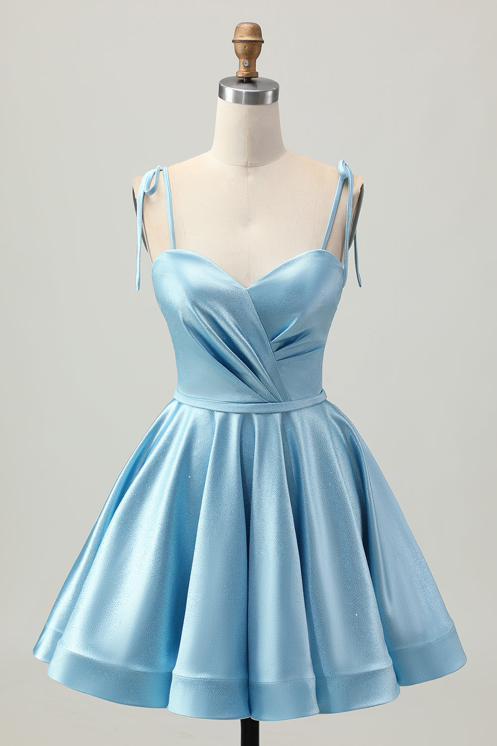 Blue Ruched Satin Spaghetti Straps A Line Short Homecoming Dress with Bows