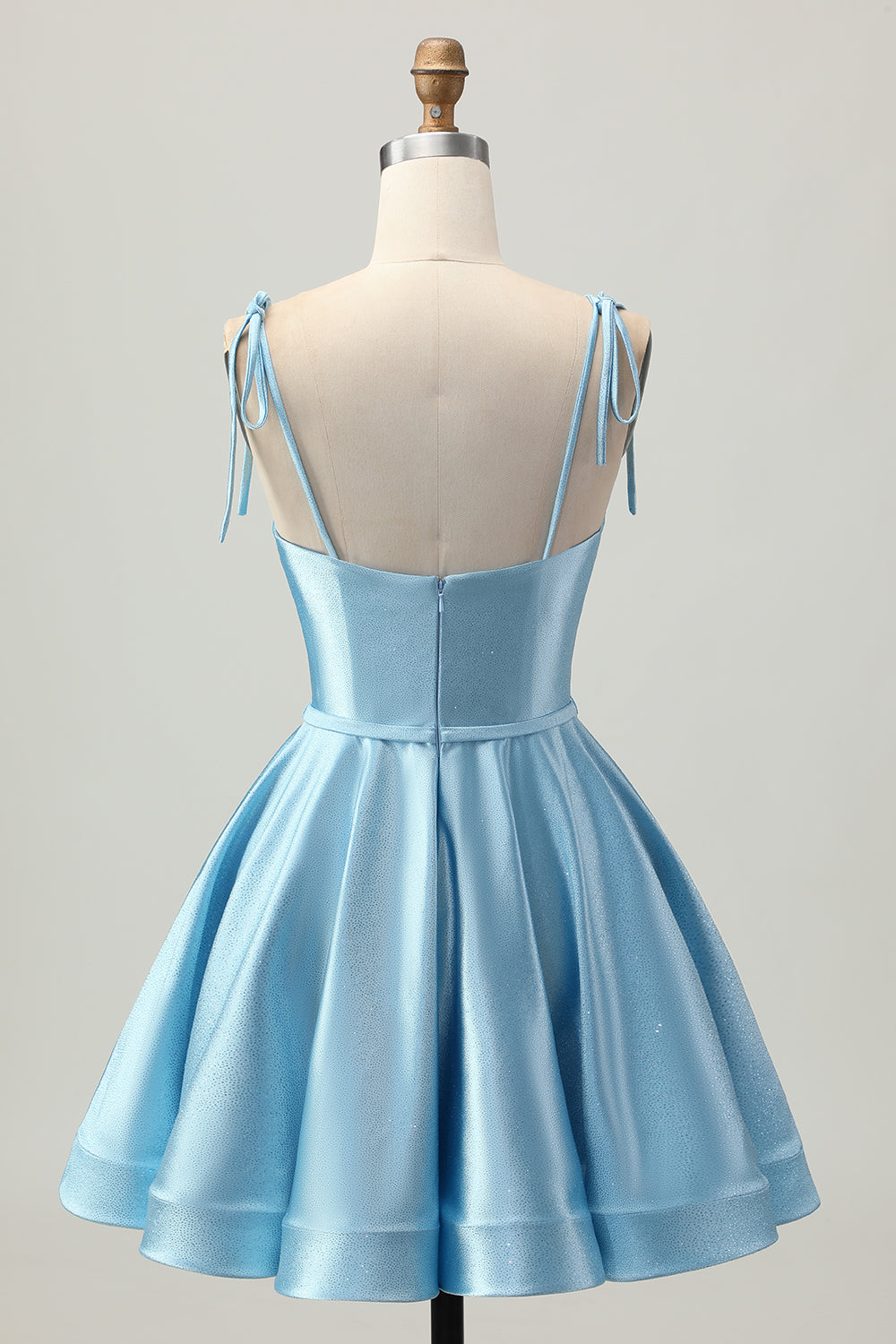 Blue Ruched Satin Spaghetti Straps A Line Short Homecoming Dress with Bows