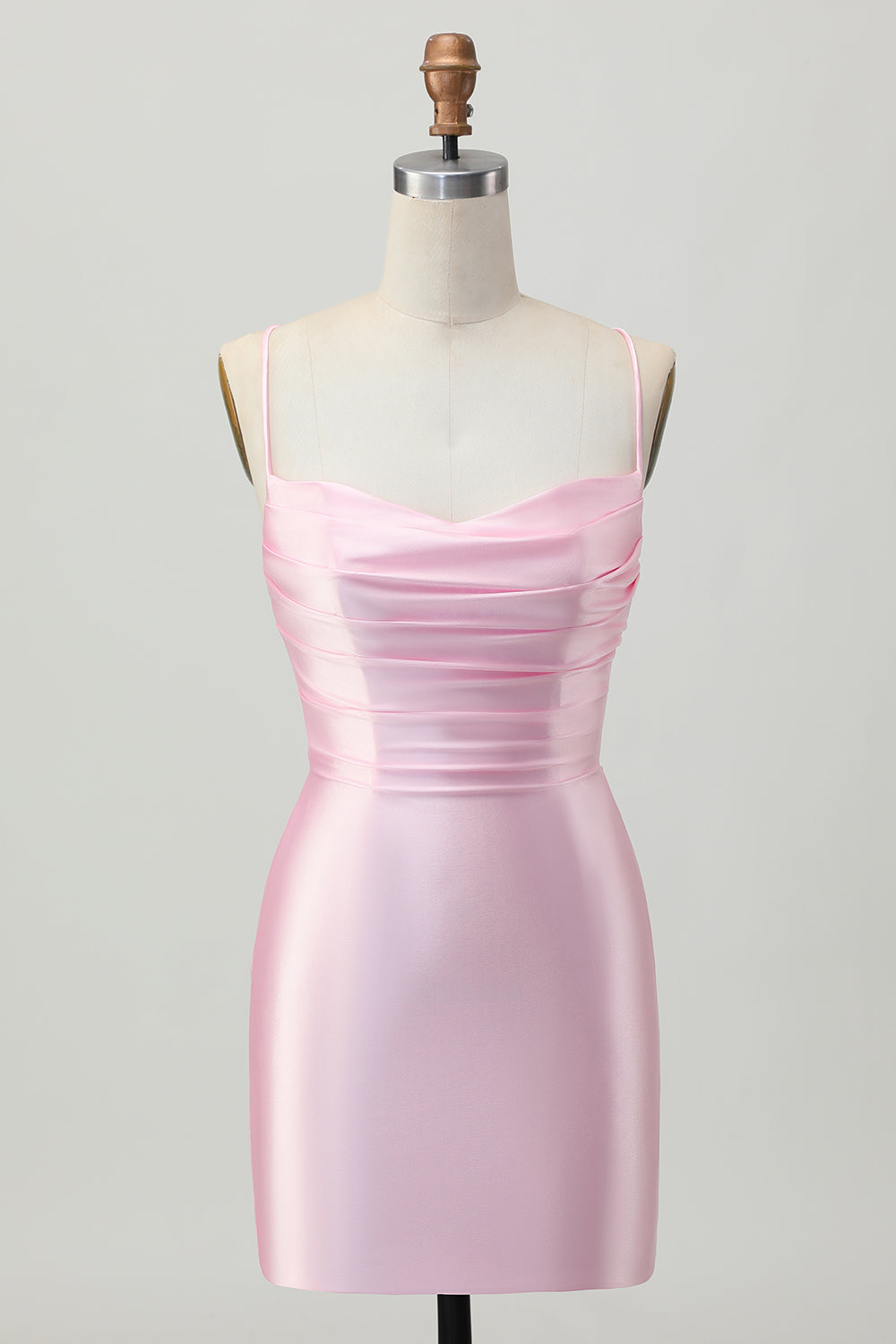 Blush Pink Tight Satin Spaghetti Straps Short Homecoming Dress