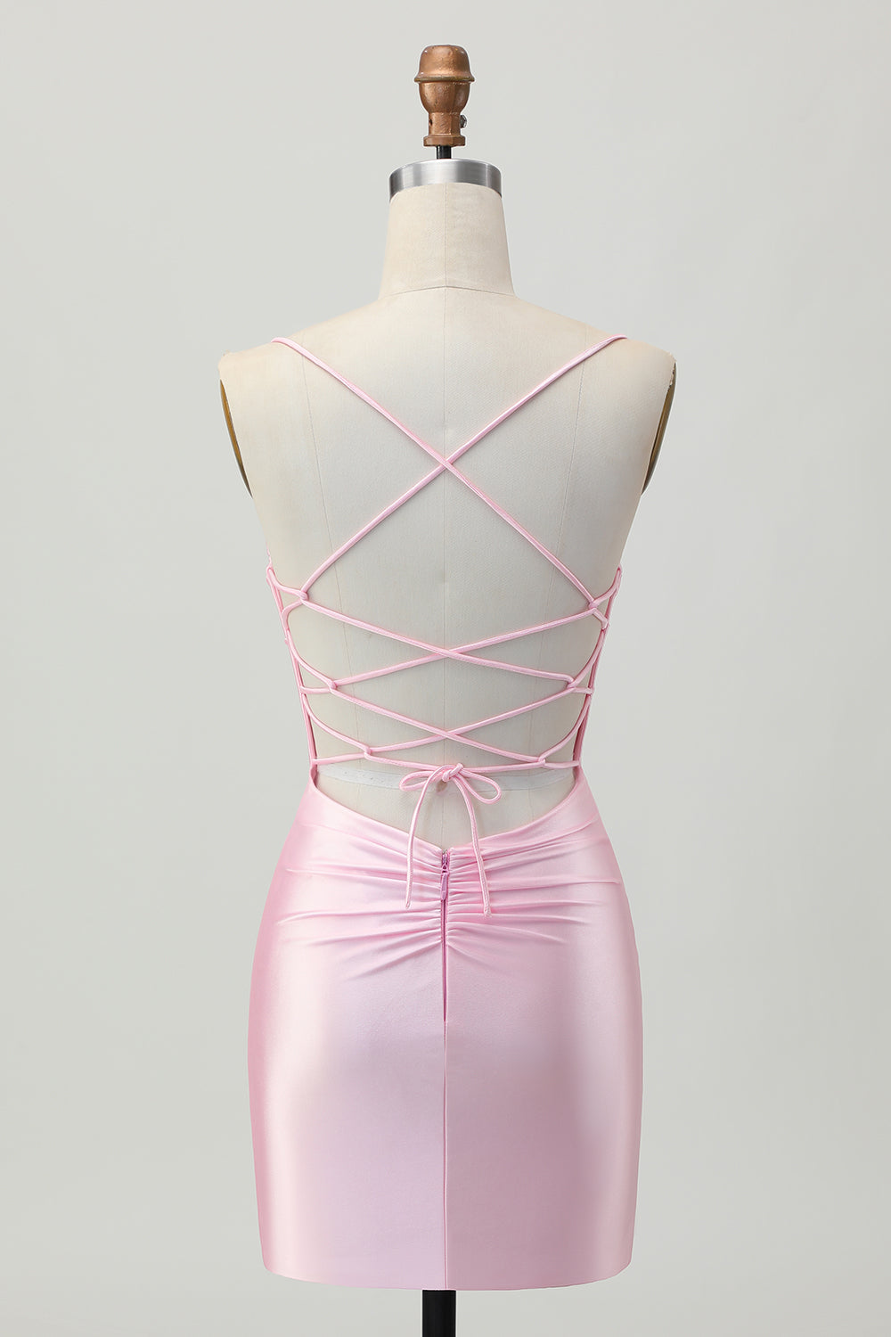 Blush Pink Tight Satin Spaghetti Straps Short Homecoming Dress