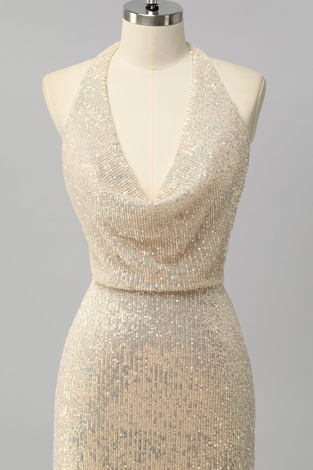 Sparkly Halter Apricot Sequin Mermaid Backless Long Prom Dress