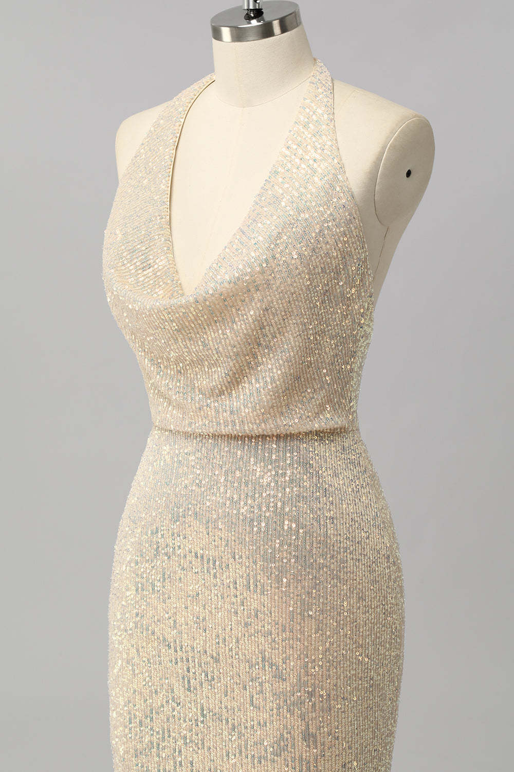 Sparkly Halter Apricot Sequin Mermaid Backless Long Prom Dress