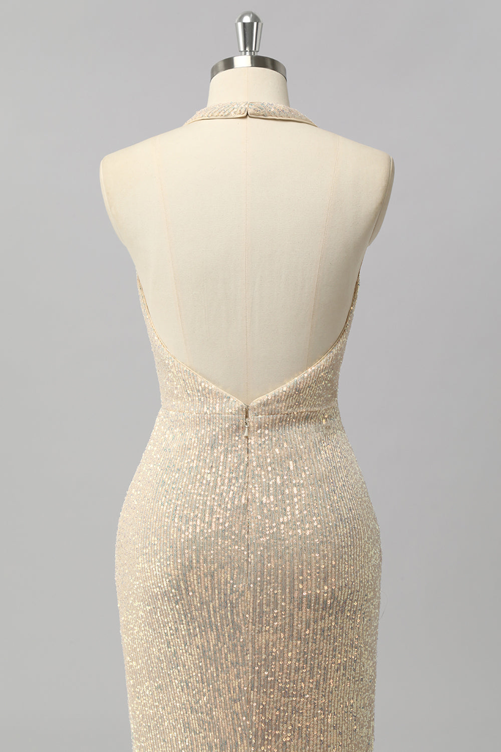 Sparkly Halter Apricot Sequin Mermaid Backless Long Prom Dress