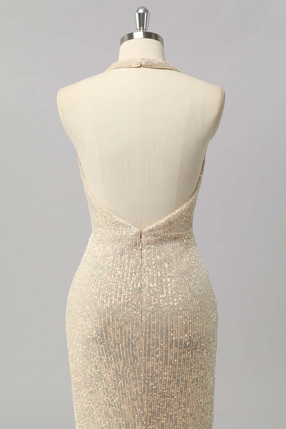 Sparkly Halter Apricot Sequin Mermaid Backless Long Prom Dress