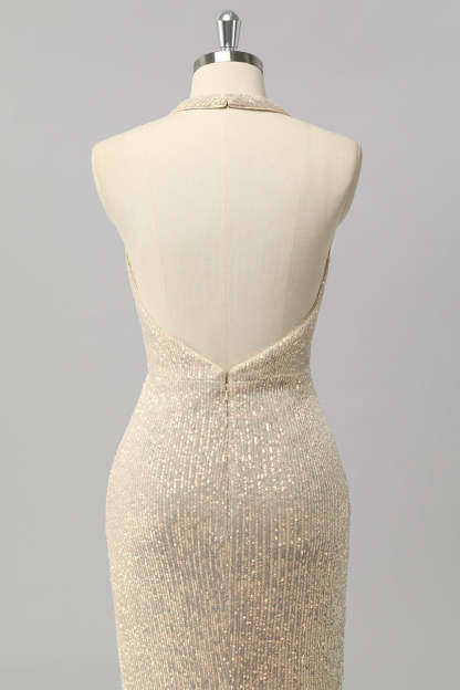 Sparkly Halter Apricot Sequin Mermaid Backless Long Prom Dress