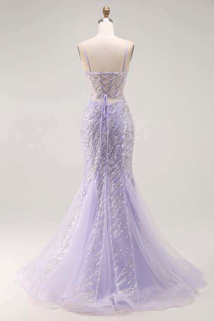Sparkly Purple Corset Mermaid Sequins Long Prom Dress with Slit