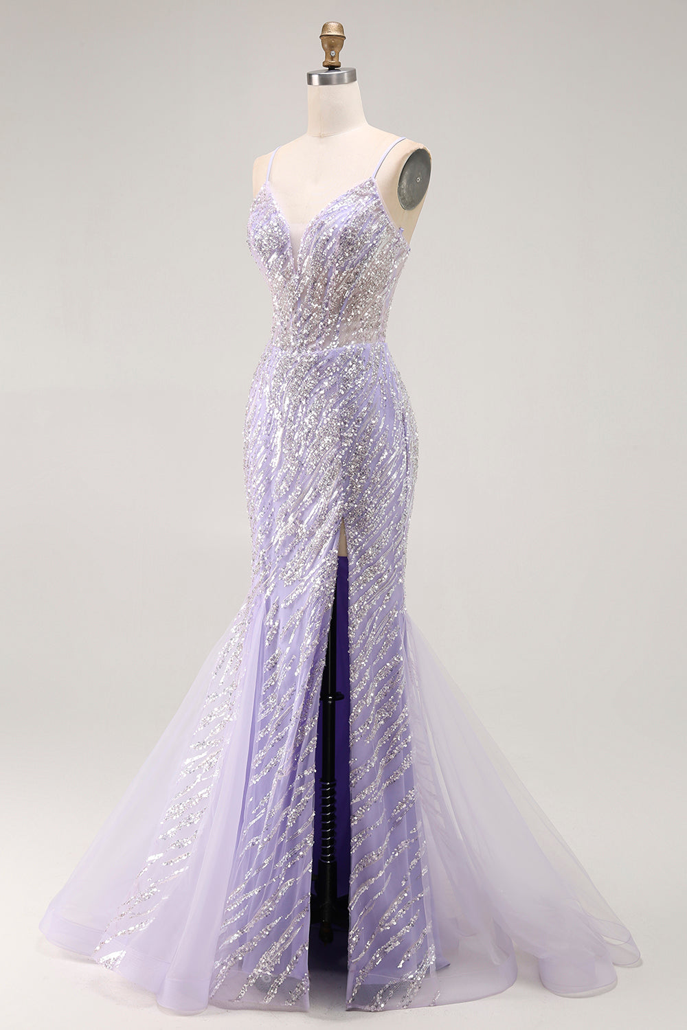 Sparkly Purple Corset Mermaid Sequins Long Prom Dress with Slit