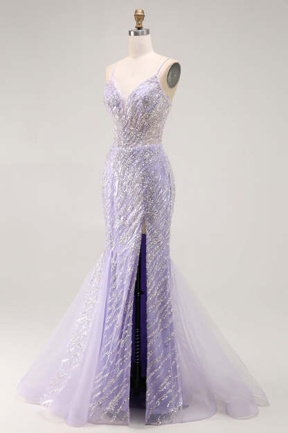 Sparkly Purple Corset Mermaid Sequins Long Prom Dress with Slit
