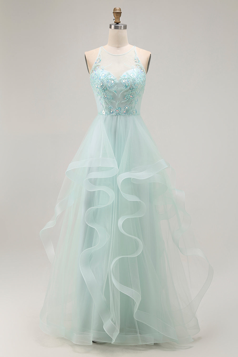 Sparkly Light Green Ruffled A Line Long Prom Dress with Beading