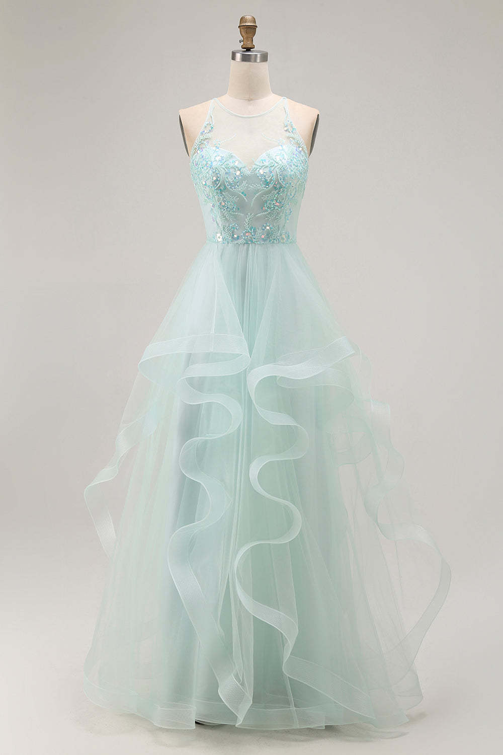 Leely Women Sparkly Tulle Light Green Long Beaded Prom Dress with Sequins Ruffled A Line Lace Up Back Pageant Dress