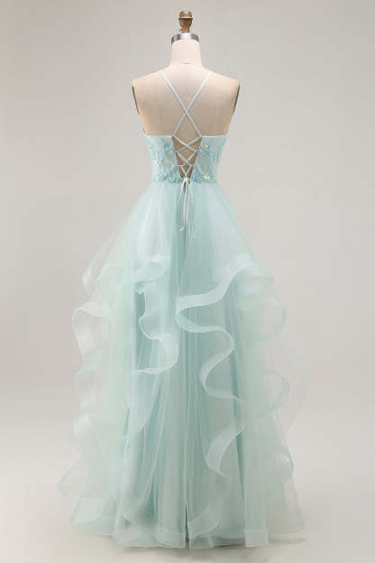 Sparkly Light Green Ruffled A Line Long Prom Dress with Beading
