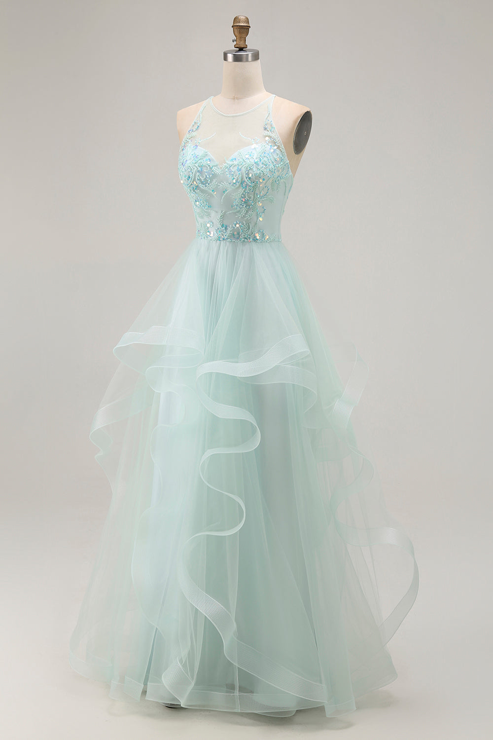 Sparkly Light Green Ruffled A Line Long Prom Dress with Beading