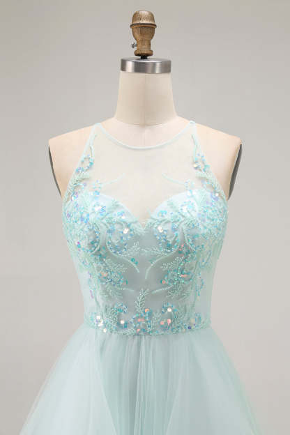 Sparkly Light Green Ruffled A Line Long Prom Dress with Beading