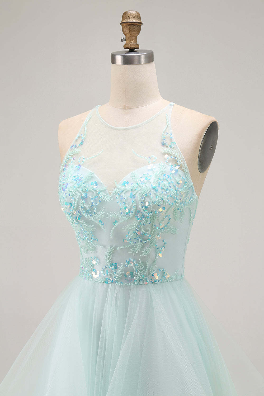 Sparkly Light Green Ruffled A Line Long Prom Dress with Beading