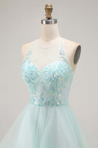 Sparkly Light Green Ruffled A Line Long Prom Dress with Beading