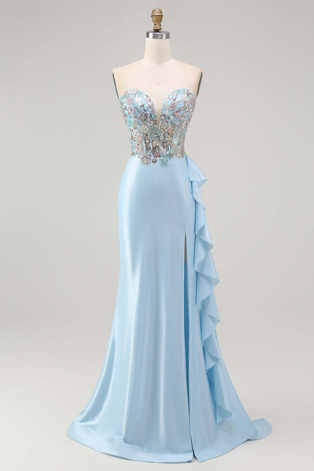 Leely Women Sparkly Light Blue Mermaid Satin Maxi Prom Dress with Slit Beaded Corset Sweetheart Backless Ruffled Gala Dress