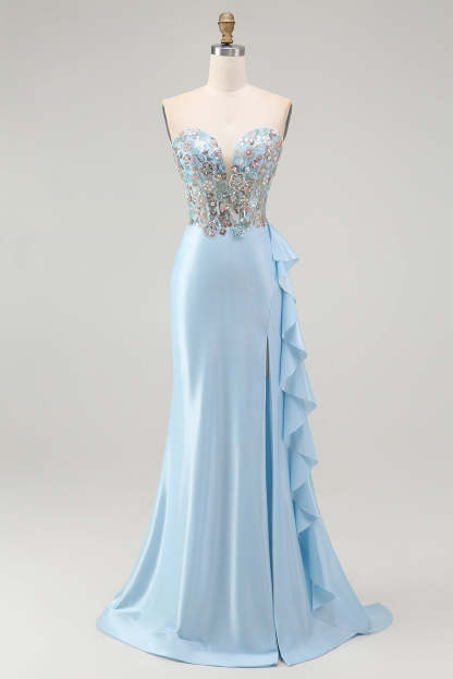 Leely Women Sparkly Light Blue Mermaid Satin Maxi Prom Dress with Slit Beaded Corset Sweetheart Backless Ruffled Gala Dress