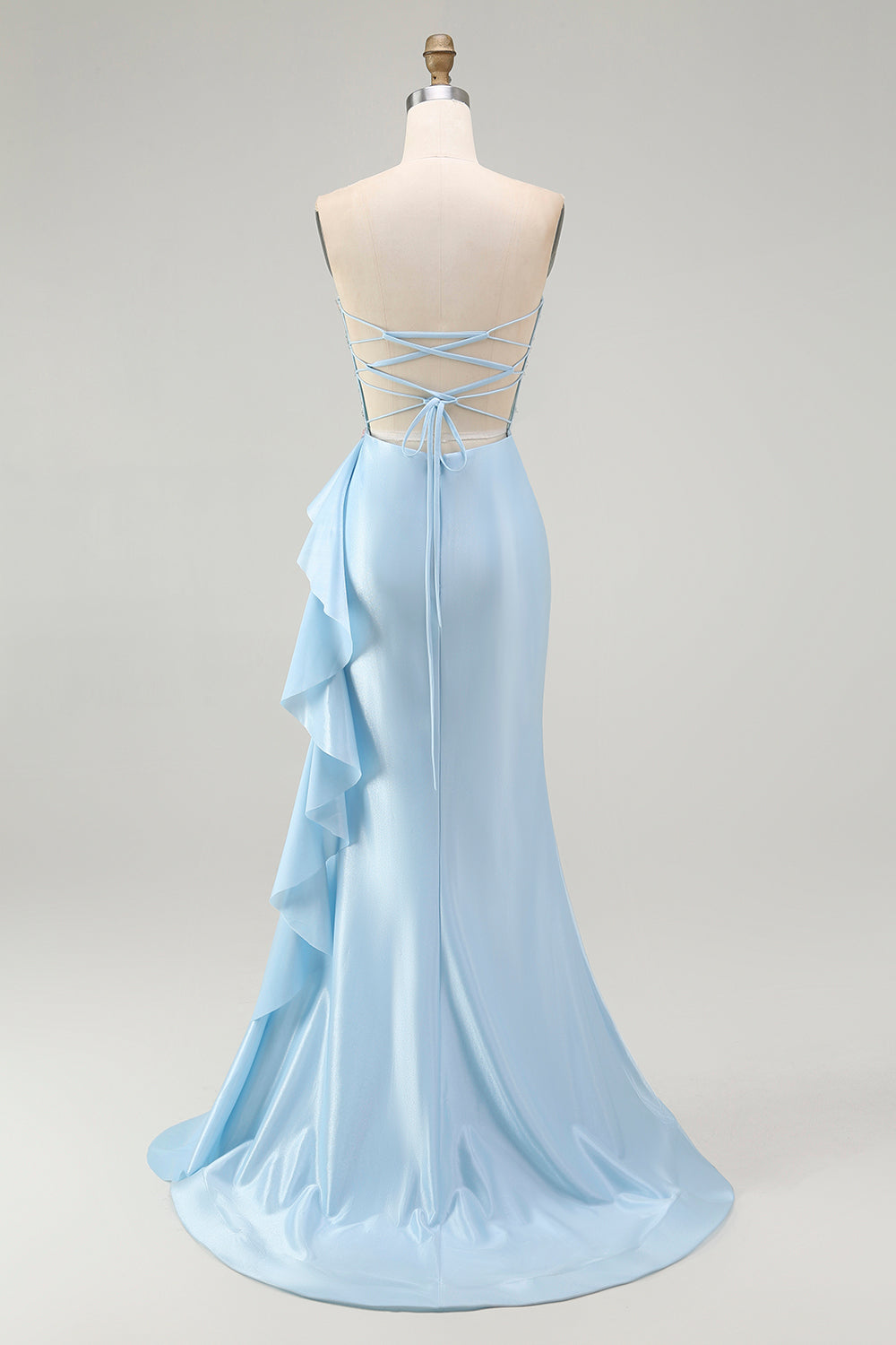 Light Blue Mermaid Corset Sparkly Beaded Long Prom Dress with Ruffles
